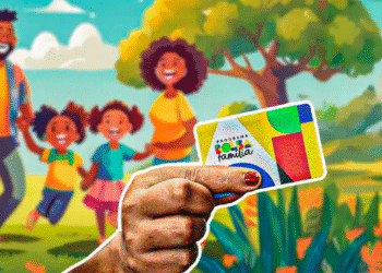 Cartão do Programa Bolsa Família com fundo colorido e família caminhando ao fundo, relacionado ao pagamento antecipado do benefício.
