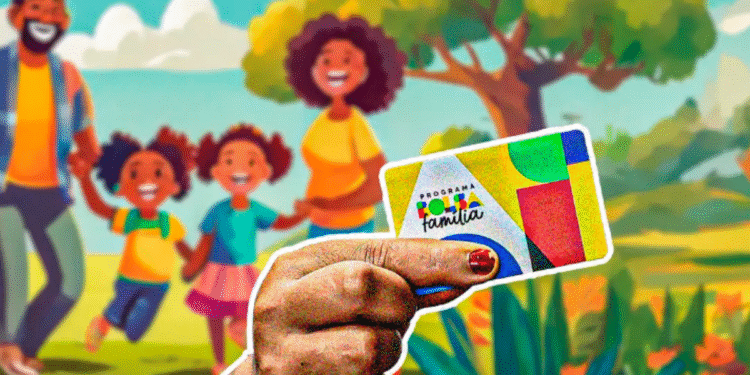Cartão do Programa Bolsa Família com fundo colorido e família caminhando ao fundo, relacionado ao pagamento antecipado do benefício.