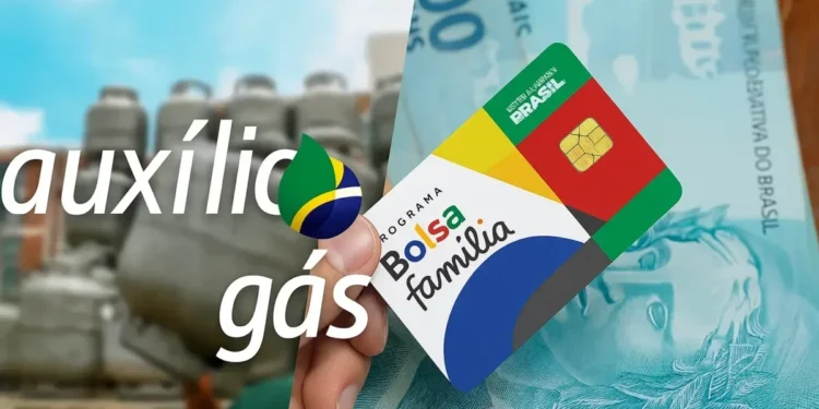 Cartão Bolsa Família e Auxílio Gás com fundo de cédulas de 100 reais e cilindros de gás.