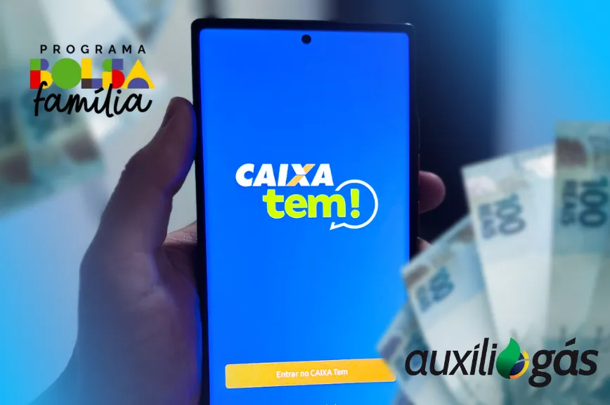 Tela do aplicativo Caixa Tem mostrando a tela inicial, com o logo do programa Auxílio Gás e a interface de entrada do aplicativo.