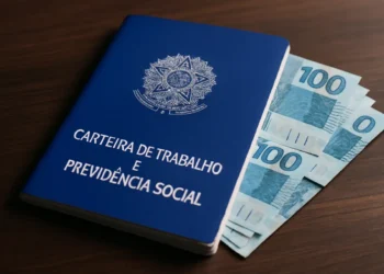Carteira de Trabalho e dinheiro, ilustrando o pagamento de bônus para trabalhadores CLT.