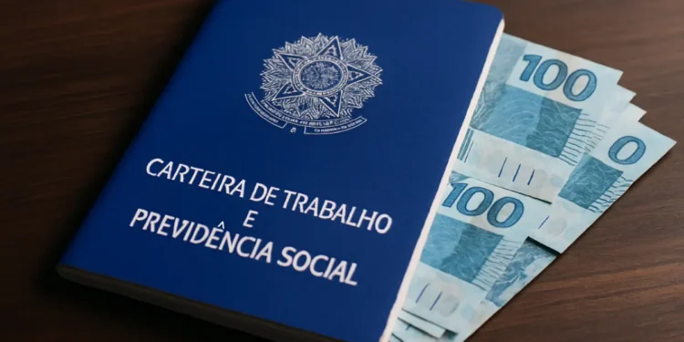 Carteira de Trabalho e dinheiro, ilustrando o pagamento de bônus para trabalhadores CLT.