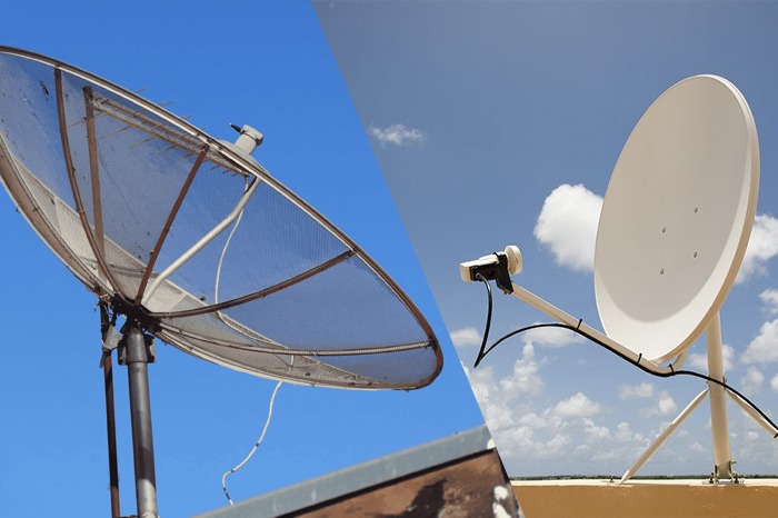 Comparação entre antena parabólica tradicional e antena parabólica digital, mostrando a evolução para a recepção de sinal digital.