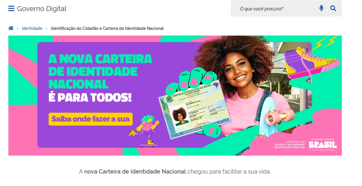 Imagem da nova Carteira de Identidade Nacional com fundo colorido e a frase 'A Nova Carteira de Identidade Nacional é para todos!