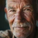 Idoso com expressão tranquila, sorriso leve e olhar atento. Foto próxima do rosto de um homem idoso com pele marcada pelo tempo e bigode grisalho.