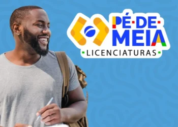 Imagem promocional do Pé-de-Meia Licenciaturas com texto chamativo e um sorriso de pessoa feliz, destacando as novas regras que permitem um ganho de R$ 1.050 mensais.