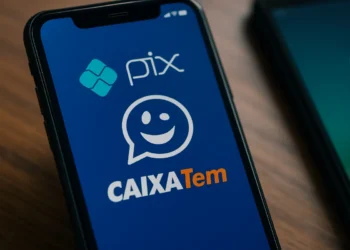 Tela de smartphone exibindo logos do PIX, Caixa Tem e ícone de pagamento.