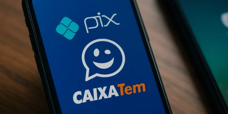 Tela de smartphone exibindo logos do PIX, Caixa Tem e ícone de pagamento.