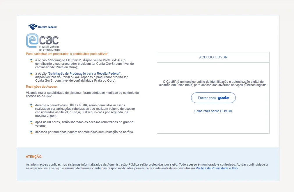 Tela do Centro Virtual de Atendimento da Receita Federal com informações sobre como cadastrar um procurador e acessar o e-CAC