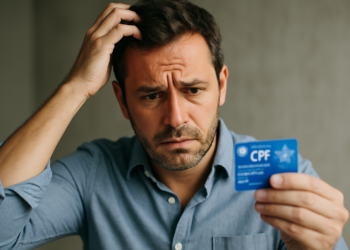 Homem confuso analisando cartão de CPF