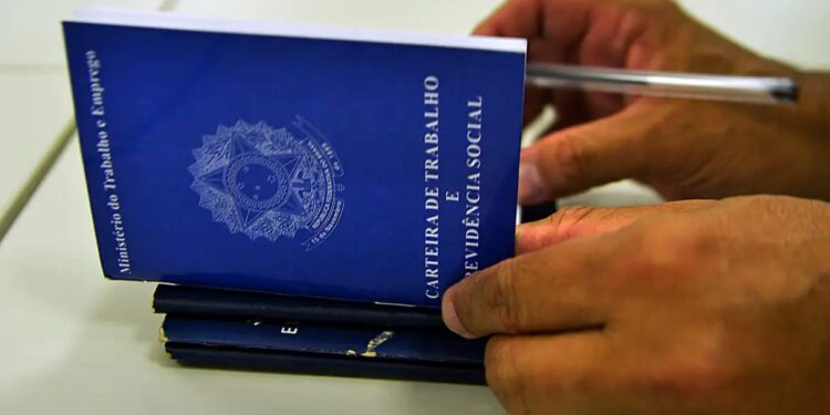 Mãos segurando a Carteira de Trabalho e Previdência Social (CTPS) física.