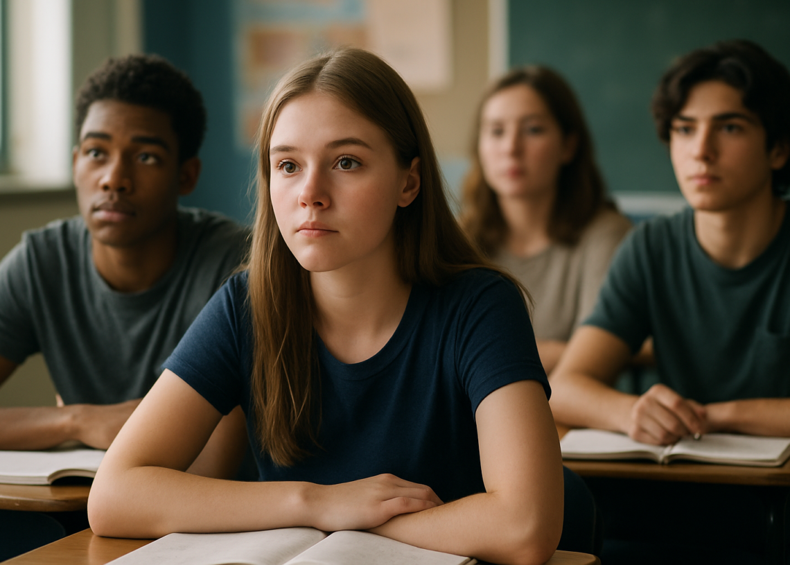 Quatro estudantes do ensino médio em uma sala de aula, concentrados em suas carteiras, representando os beneficiários do programa Pé-de-Meia.