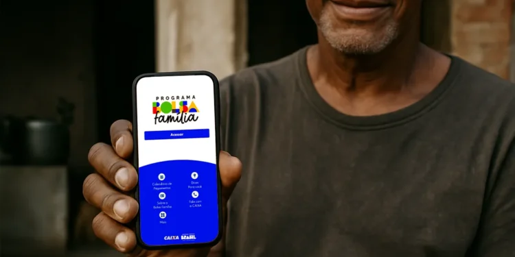 Pessoa sorridente mostrando a tela do celular com o aplicativo Caixa Tem, fazendo referência ao pagamento de um Pix extra.