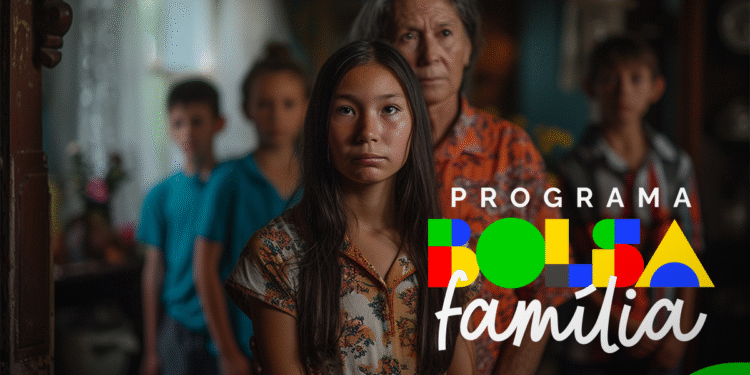 Imagem de uma família em pé, com uma mulher idosa e crianças, em um ambiente interno. A imagem está associada ao Programa Bolsa Família e à convocação para atualização cadastral.