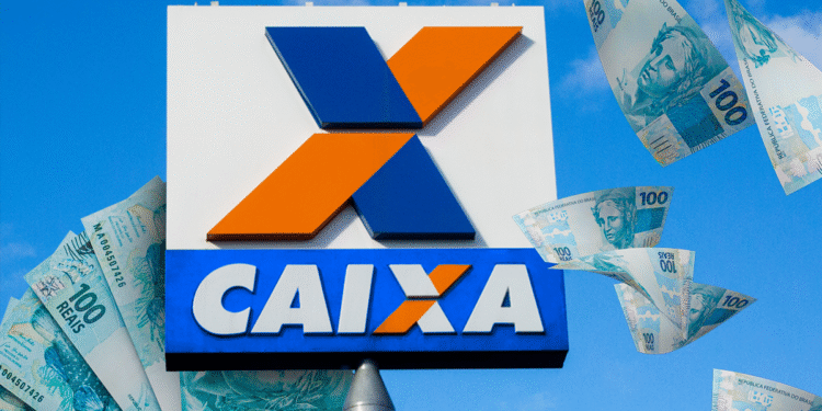 Notas de 100 reais voando ao redor da placa da Caixa Econômica Federal.