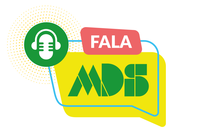 Logotipo do podcast "Fala MDS", com um ícone de microfone e fone de ouvido em um círculo verde, ao lado de um balão de fala amarelo com a sigla "MDS" em verde e a palavra "FALA" em um retângulo rosa.