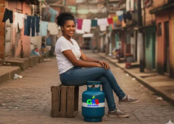 Mulher sorridente sentada ao lado de um botijão de gás do programa "Gás do Povo" em uma comunidade, com roupas secando ao fundo.
