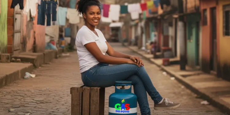 Mulher sorridente sentada ao lado de um botijão de gás do programa "Gás do Povo" em uma comunidade, com roupas secando ao fundo.