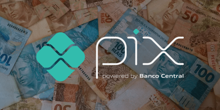 Notas de real com o logo do Pix, destacando a facilidade de transferências rápidas e gratuitas.
