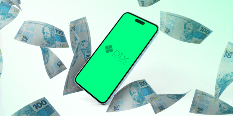 Celular com tela verde exibindo logotipo do PIX rodeado por notas de cem reais flutuando