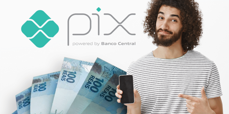 Homem sorridente segurando celular com dinheiro em reais ao fundo e logo do PIX, ilustrando pagamento de R$ 1.518 via PIX.