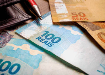 Cédulas de dinheiro brasileiro organizadas sobre a mesa