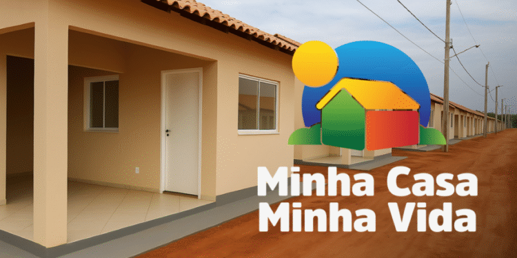 Imagem de casas populares com o logo do programa Minha Casa, Minha Vida, ilustrando o tema de habitação acessível em 2025.