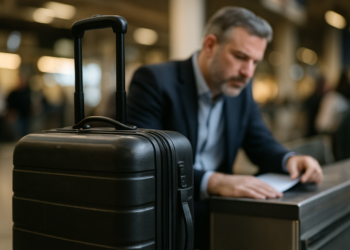 Executivo aguardando voo com mala de mão no aeroporto