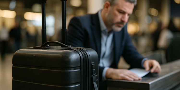 Executivo aguardando voo com mala de mão no aeroporto