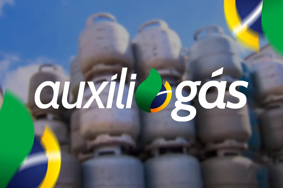 Logo do Auxílio Gás em destaque com botijões de gás desfocados ao fundo, ilustrando a data e o calendário de pagamentos de outubro.