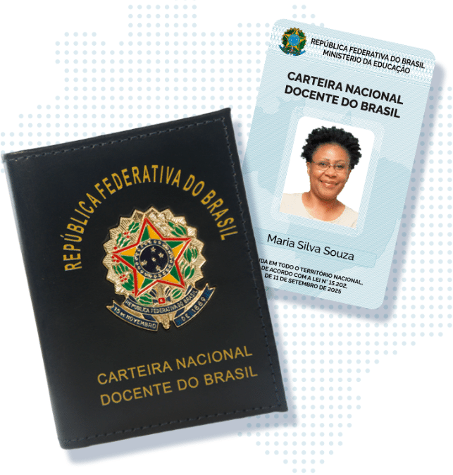 Carteira Nacional Docente do Brasil em destaque junto a porta-cartão oficial.