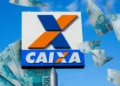 Logo da Caixa Econômica Federal com notas de 100 reais flutuando, representando o financiamento imobiliário e a cobertura de até 80% do valor do imóvel para 2025.