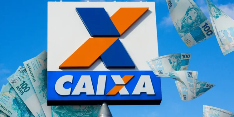 Logo da Caixa Econômica Federal com notas de 100 reais flutuando, representando o financiamento imobiliário e a cobertura de até 80% do valor do imóvel para 2025.