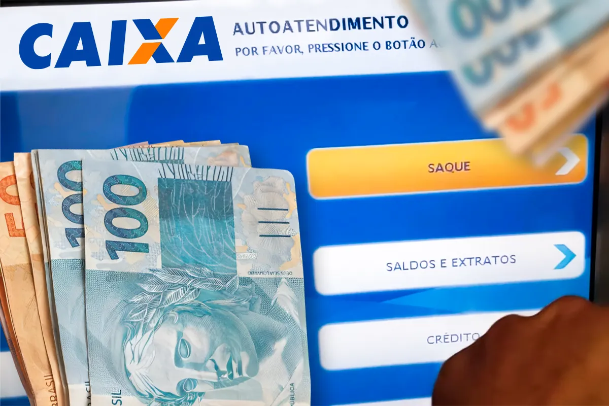 Terminal de autoatendimento da Caixa mostrando passo a passo para solicitar saque calamidade de até R$ 6.220 online