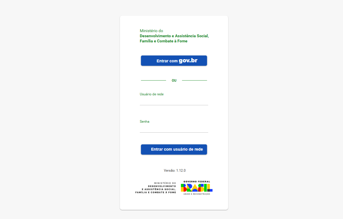 Tela de login do Governo Federal para acesso ao sistema do Ministério do Desenvolvimento Social, onde o cidadão consulta a situação do Auxílio Emergencial.