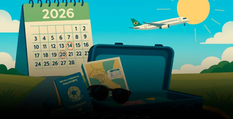 Ilustração de calendário de 2026, passaporte, mapa, óculos escuros e avião em voo.