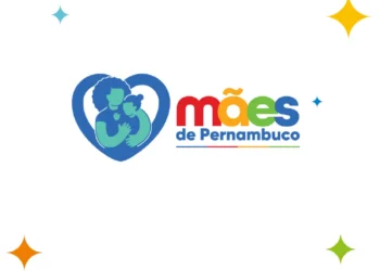Logo do programa Mães de Pernambuco com a ilustração de uma mãe e seu filho dentro de um coração, simbolizando apoio e cuidado.
