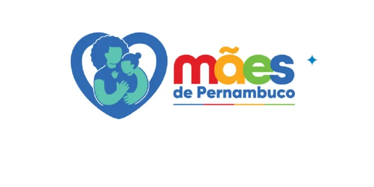Logo do programa Mães de Pernambuco com a ilustração de uma mãe e seu filho dentro de um coração, simbolizando apoio e cuidado.
