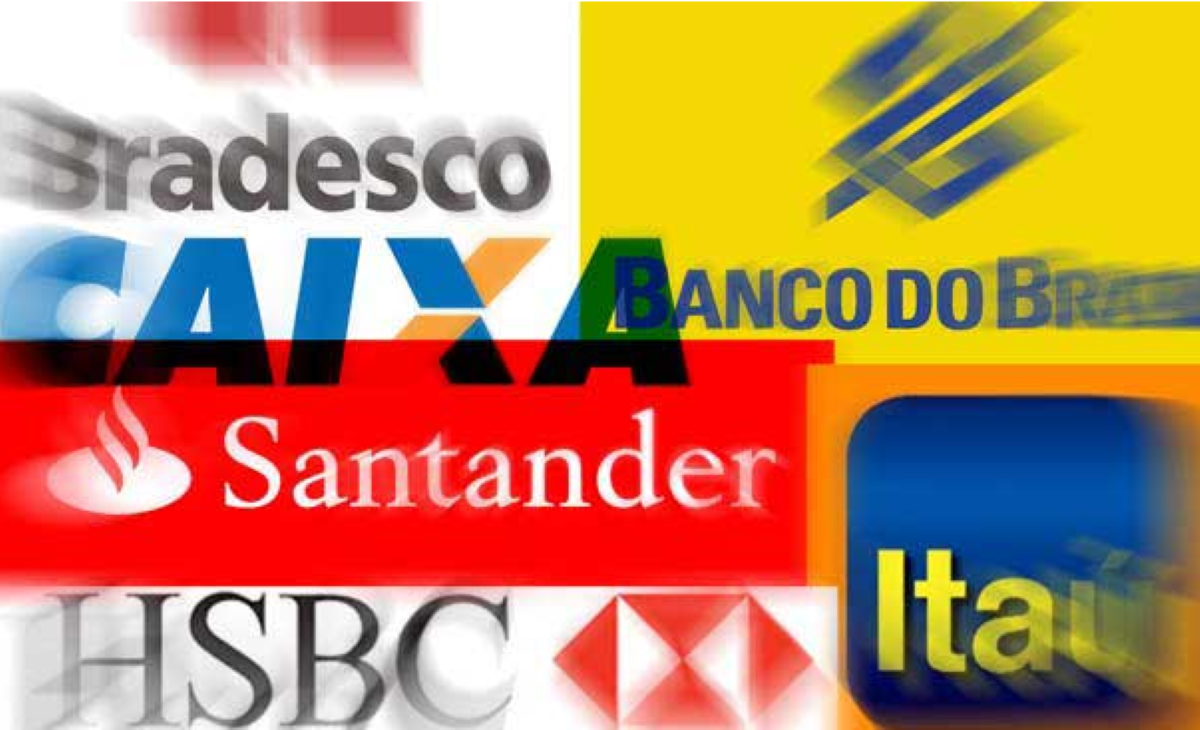 Logotipos desfocados dos bancos Bradesco, Caixa, Banco do Brasil, Santander, HSBC, HSBC e Itaú.