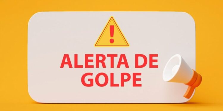 Placa branca com os dizeres 'ALERTA DE GOLPE' em vermelho e um ícone de exclamação, acompanhada de um megafone, sobre um fundo amarelo.