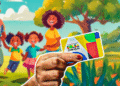 Cartão do programa Bolsa Família sendo segurado por uma mão com uma família sorridente ao fundo em um ambiente ao ar livre.