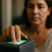 Pessoa colocando dedo em leitor biométrico para identificação digital