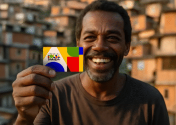 Homem sorridente segurando o cartão do Programa Bolsa Família.