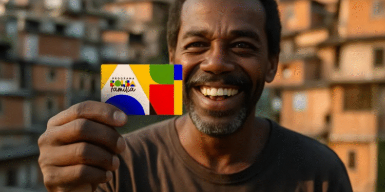 Homem sorridente segurando o cartão do Programa Bolsa Família.