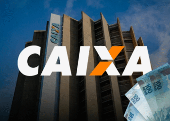 Sede da Caixa Econômica Federal com cédulas de dinheiro em destaque