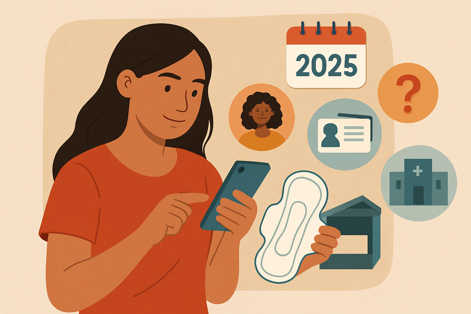 Cadastro para o programa dignidade menstrual 2025 Mulher usando smartphone segurando absorvente, com ícones de calendário 2025, ID, hospital e dúvida