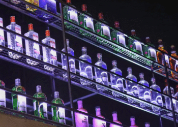 Várias garrafas de bebida alcoólica organizadas em prateleiras iluminadas com luzes coloridas