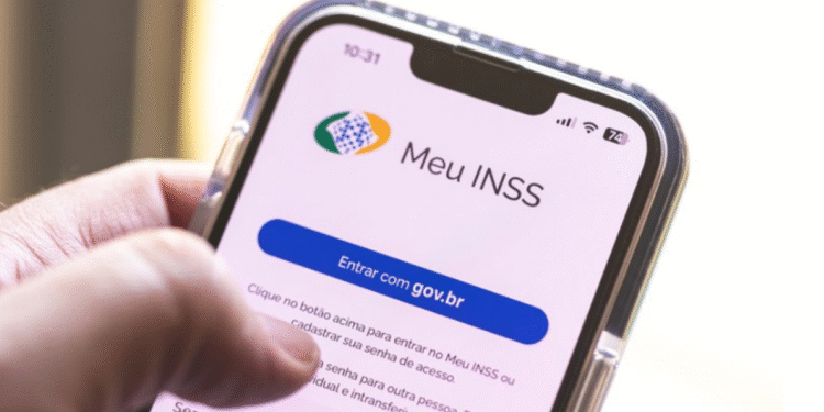Tela de login do aplicativo Meu INSS com botão 'Entrar com gov.br' e instruções de acesso.
