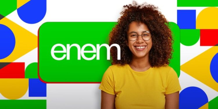 Imagem de uma jovem sorrindo com o logo do ENEM ao fundo, representando o benefício de R$ 200 para quem participar dos dois dias do ENEM.