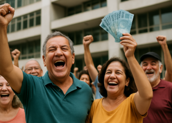 Grupo de pessoas sorrindo e comemorando enquanto uma mulher segura várias cédulas de dinheiro azul